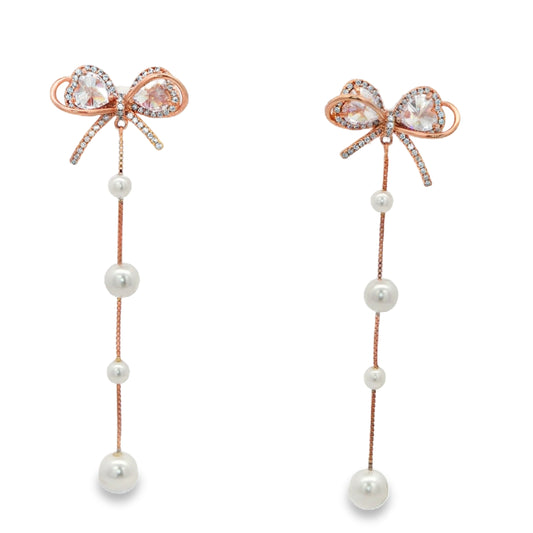 Rose Gold Bow Pearl Tassel Earrings