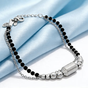 Black Beaded Silver Charm Bracelet