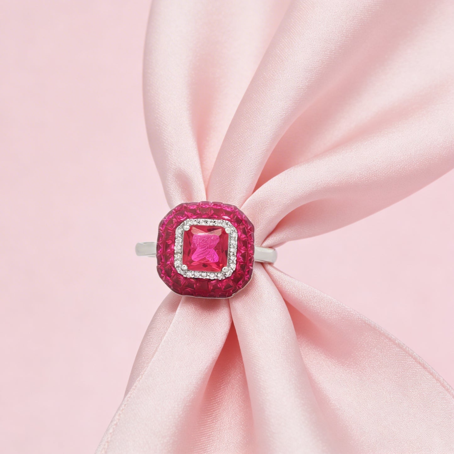 Elegant square halo ring with pink ruby