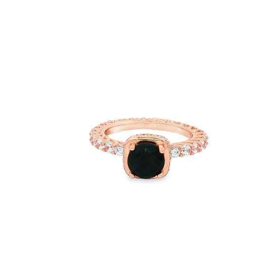Rose silver ring with black gemstone