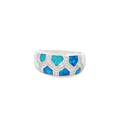 Honeycomb opal and diamond ring