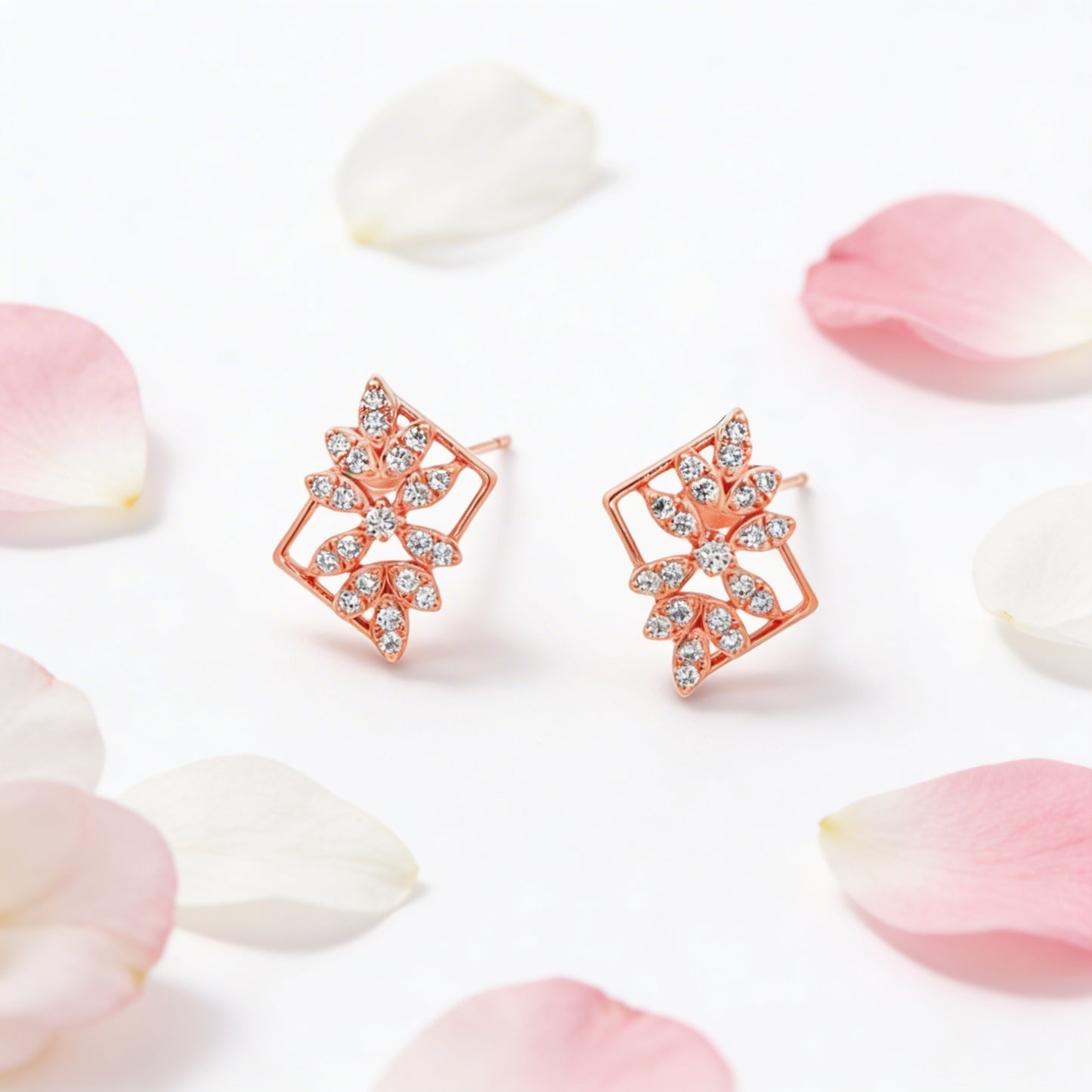 Rosé Floral Frame Diamond Studs