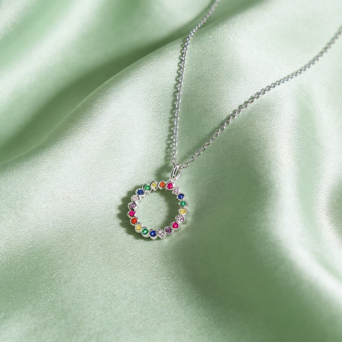 Rainbow Gemstone Circle Pendant Necklace