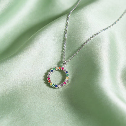Rainbow Gemstone Circle Pendant Necklace