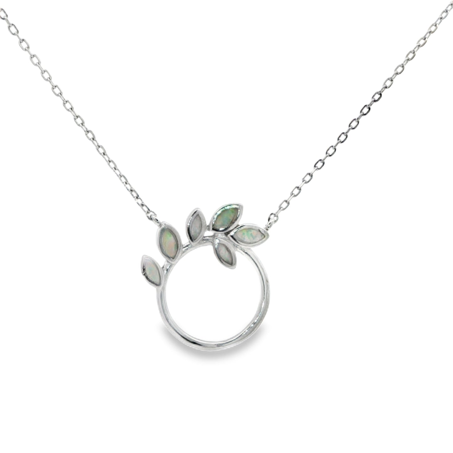 Opal Leaf Circle Pendant Necklace