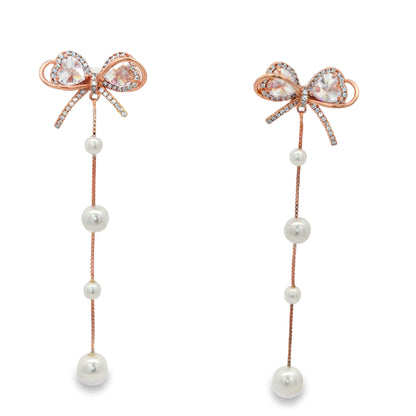 Rose Gold Bow Pearl Tassel Earrings