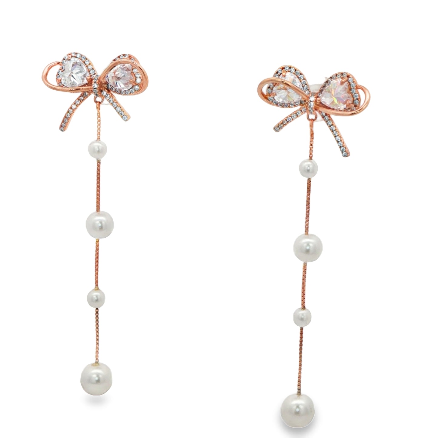 Rose Gold Bow Pearl Tassel Earrings