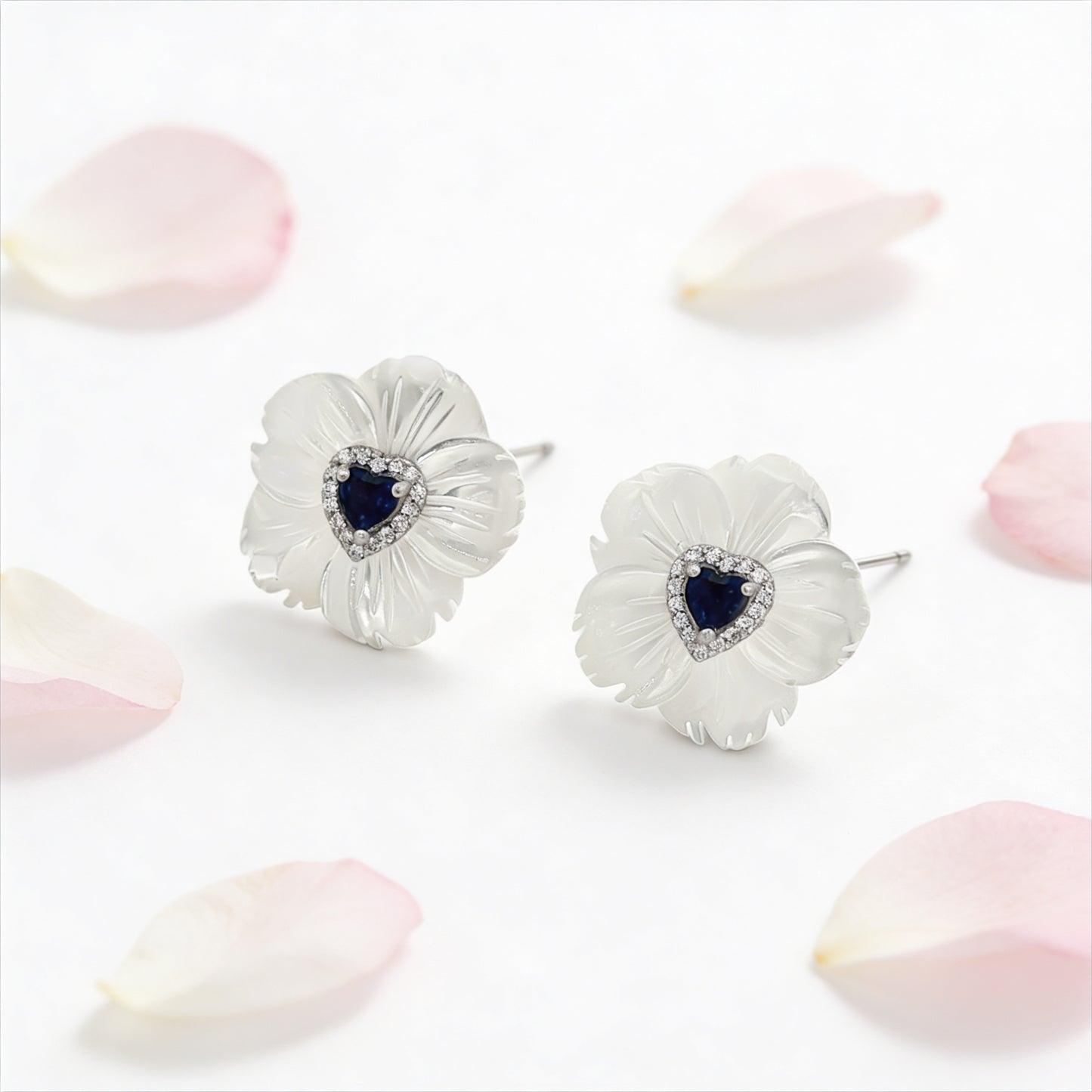 Ivory Bloom Sapphire Heart Earrings