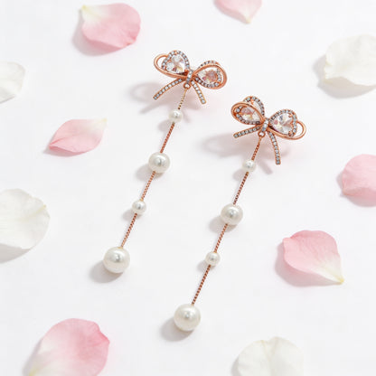 Rose Gold Bow Pearl Tassel Earrings