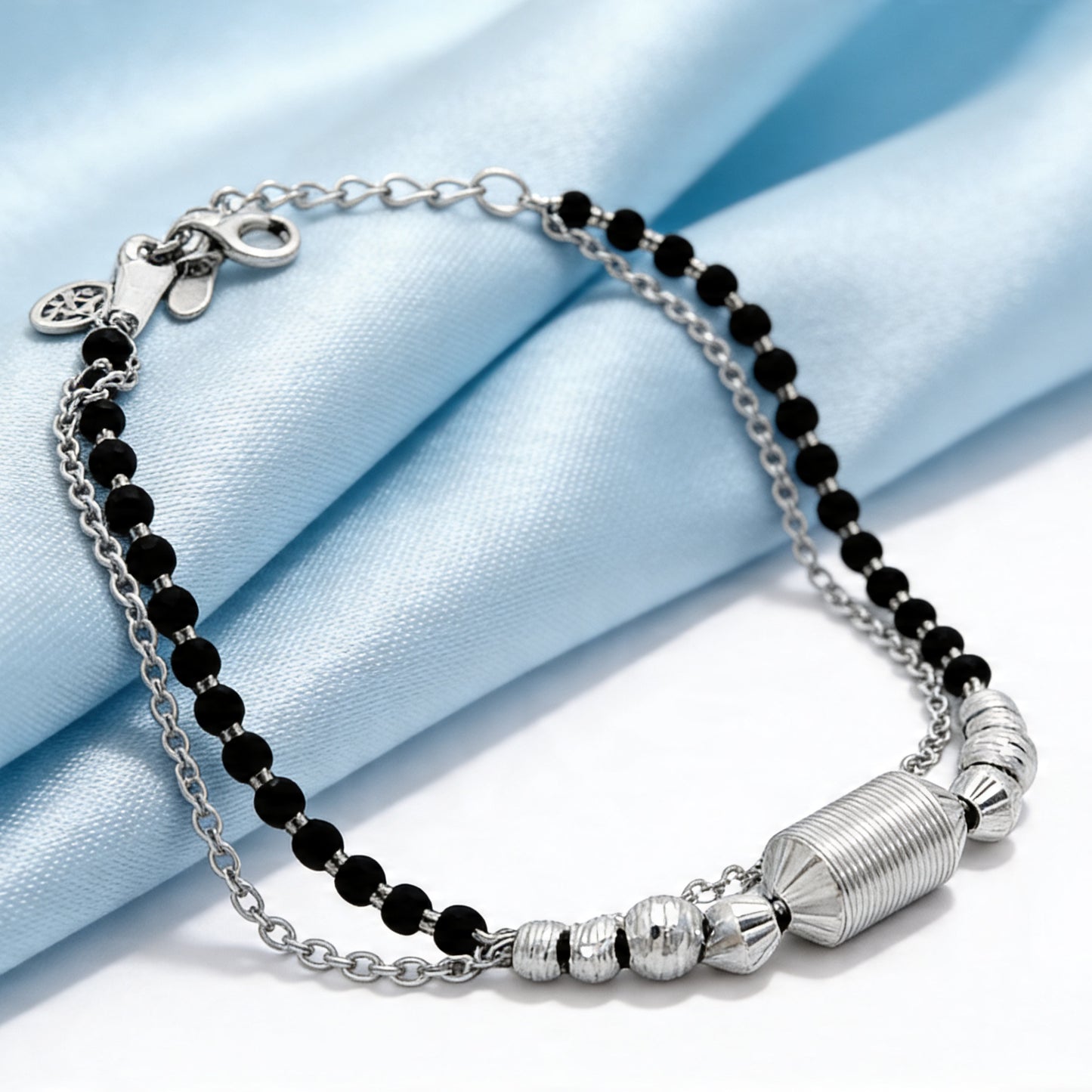 Black Beaded Silver Charm Bracelet