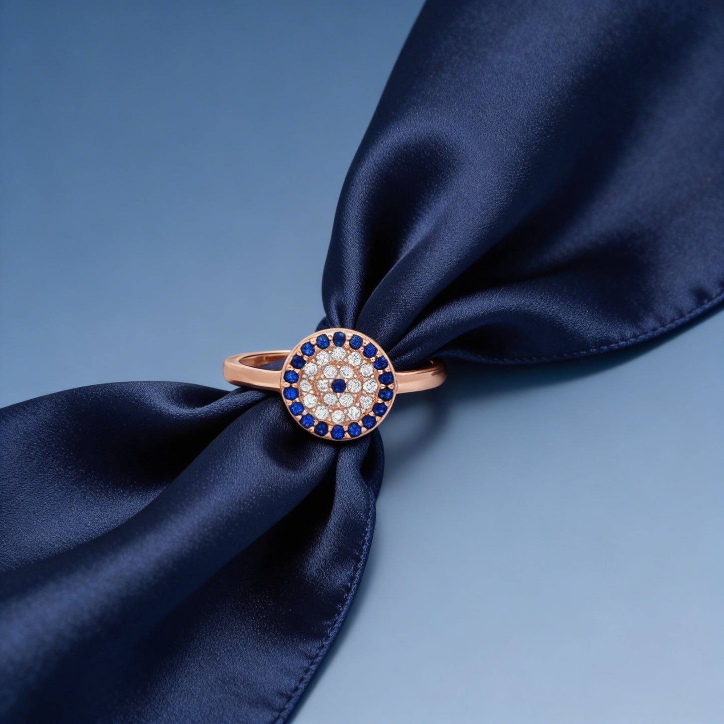 Evil Eye Halo Ring – Rose silver & Sapphire Elegance
