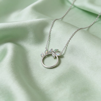Opal Leaf Circle Pendant Necklace