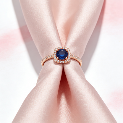 Rose silver  Blue Sapphire Halo Ring