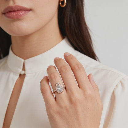 Rose silver  Pear Cut Halo Ring