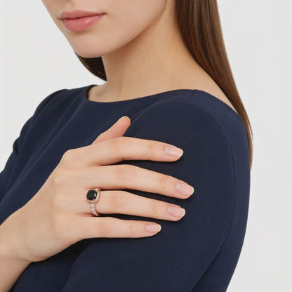 Rose silver ring with black gemstone