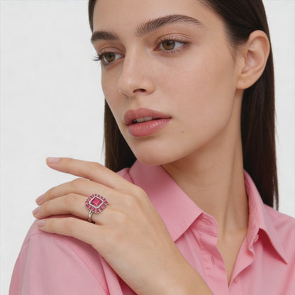 Elegant square halo ring with pink ruby