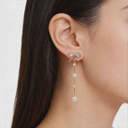 Rose Gold Bow Pearl Tassel Earrings