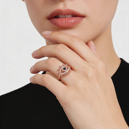 Rose silver evil eye ring