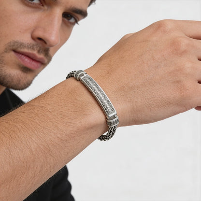 Royal Engraved Bar Silver Bracelet