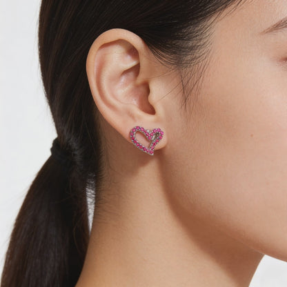 Ruby Heart Outline Stud Earrings