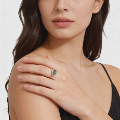 Sparkling rose silver evil eye ring