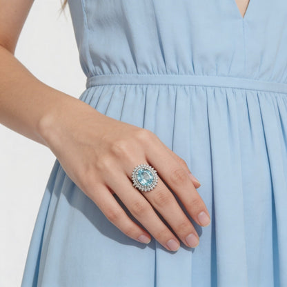 Elegant aquamarine and diamond halo ring