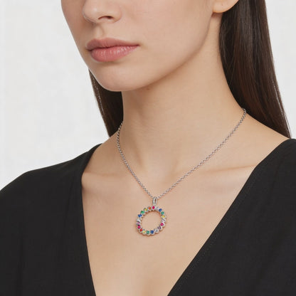 Rainbow Gemstone Circle Pendant Necklace